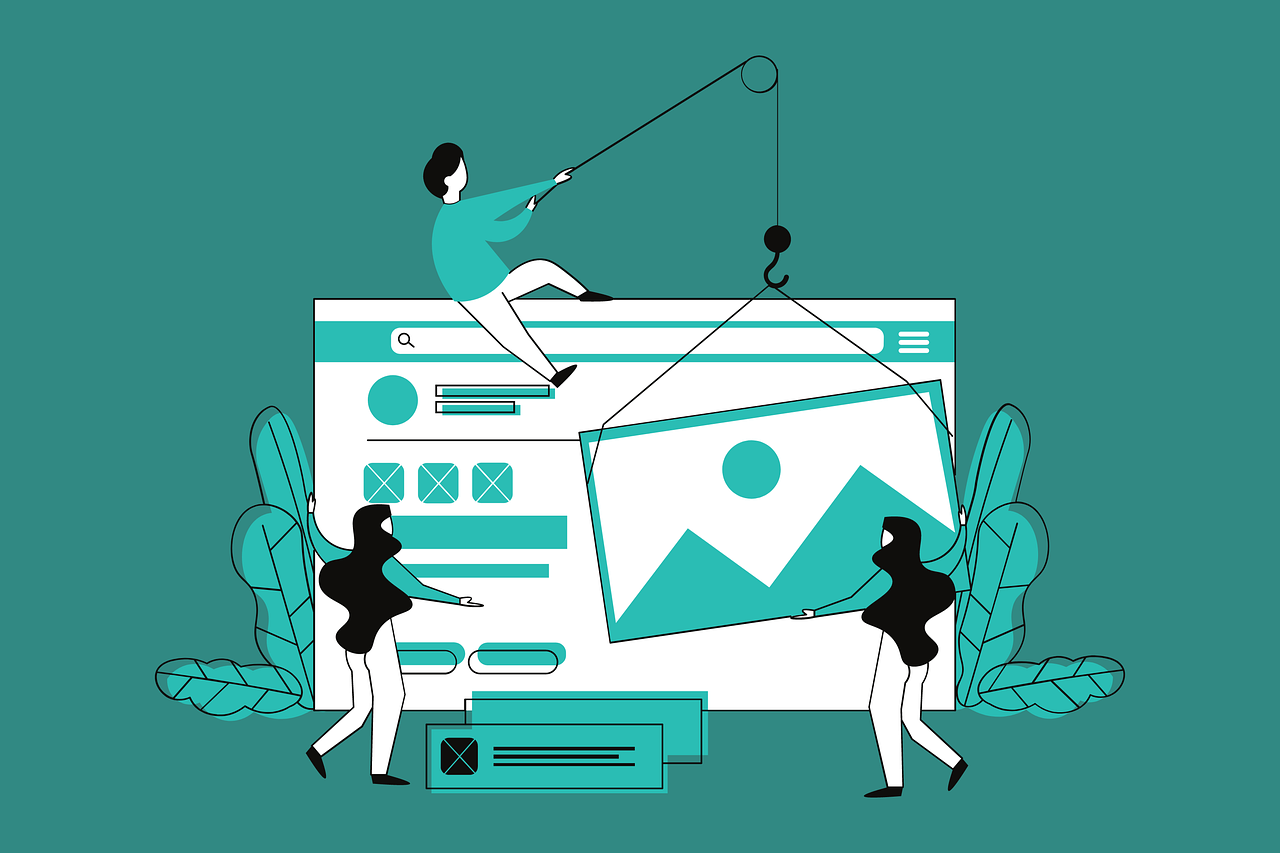 graphic of three people putting a website together